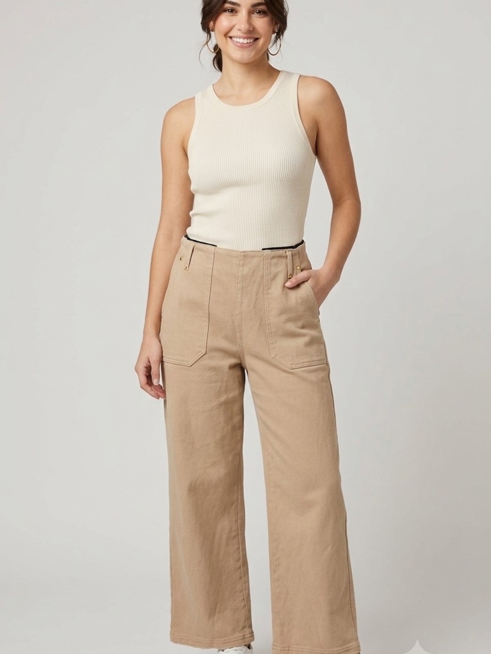 Tummy Control Top High-Rise Wide-Leg Pants in Beige